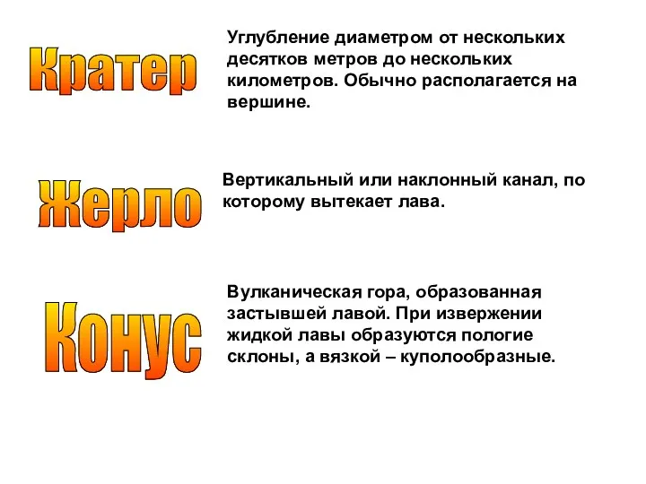 Кратер Углубление диаметром от нескольких десятков метров до нескольких километров. Обычно