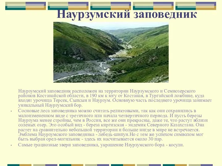 Наурзумский заповедник Наурзумский заповедник расположен на территории Наурзумского и Семиозерского районов