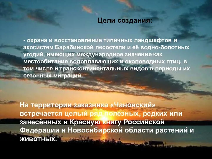 Цели создания: - охрана и восстановление типичных ландшафтов и экосистем Барабинской