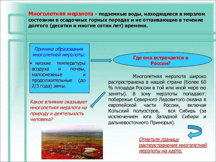 Многолетняя мерзлота - подземные воды, находящиеся в мерзлом состоянии в осадочных