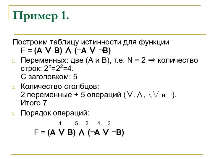 Пример 1. Построим таблицу истинности для функции F = (А ∨