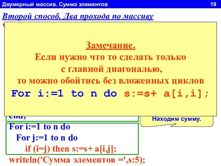 Двумерный массив. Сумма элементов 19 Заполнить двумерный массив N x N