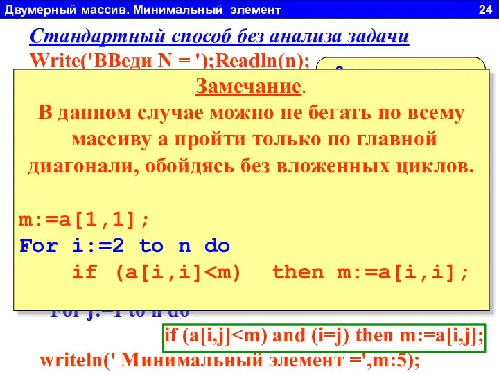 Двумерный массив. Минимальный элемент 24 Стандартный способ без анализа задачи Write('ВВеди