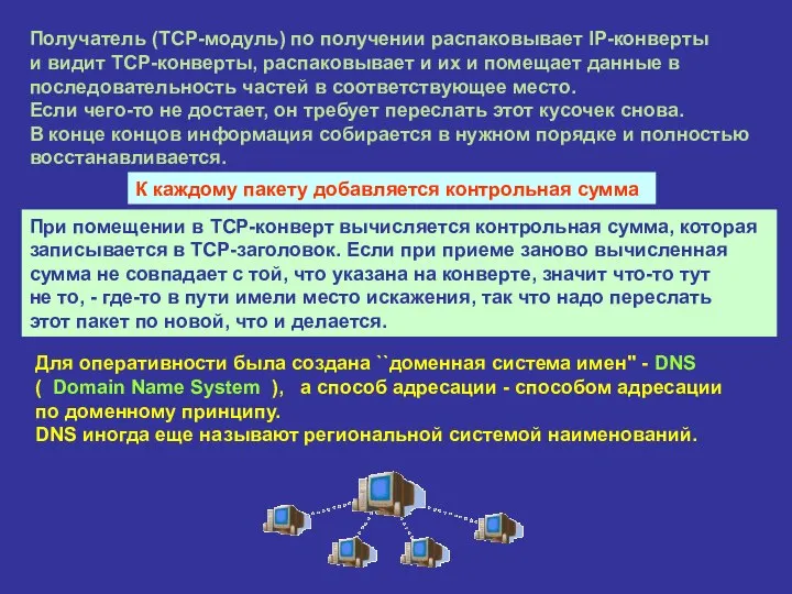 Получатель (TCP-модуль) по получении распаковывает IP-конверты и видит TCP-конверты, распаковывает и