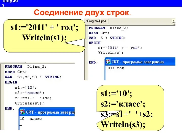 Теория 3 Соединение двух строк. s1:='2011' + ' год'; Writeln(s1); s1:='10'; s2:='класс'; s3:=s1+' '+s2; Writeln(s3);