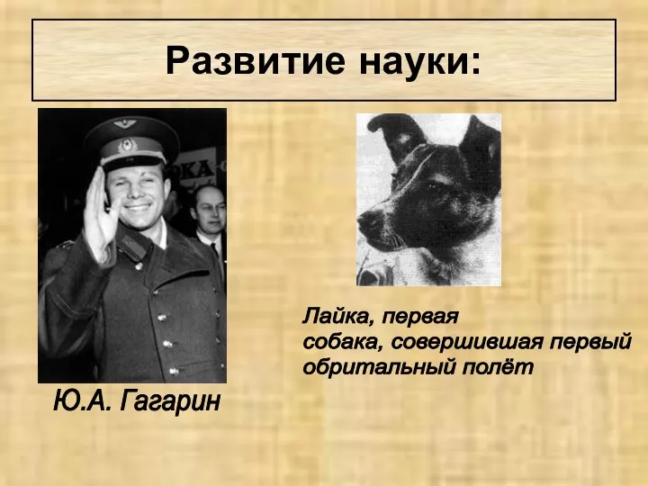 Ю.А. Гагарин Лайка, первая собака, совершившая первый обритальный полёт Развитие науки: