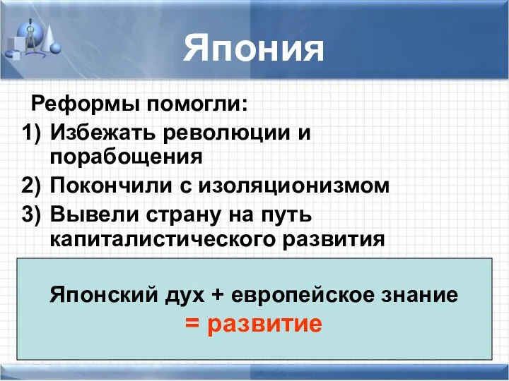 Япония Реформы помогли: Избежать революции и порабощения Покончили с изоляционизмом Вывели