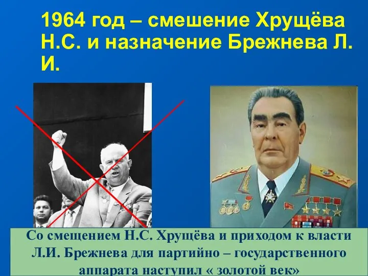 1964 год – смешение Хрущёва Н.С. и назначение Брежнева Л.И. Со