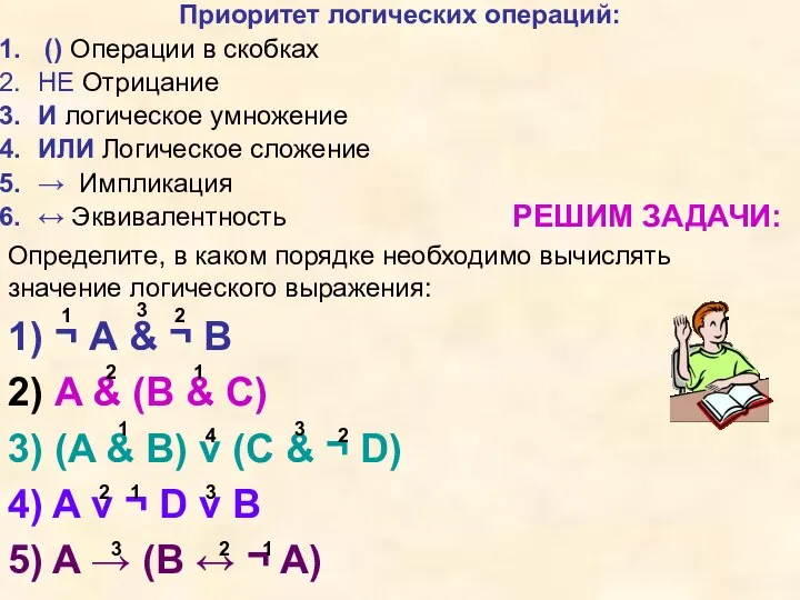 РЕШИМ ЗАДАЧИ: Определите, в каком порядке необходимо вычислять значение логического выражения: