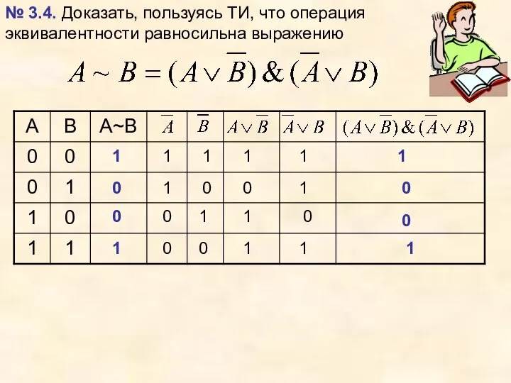 № 3.4. Доказать, пользуясь ТИ, что операция эквивалентности равносильна выражению 1