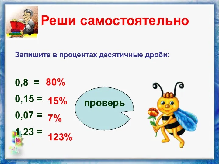 Реши самостоятельно Запишите в процентах десятичные дроби: 0,8 = 0,15 =