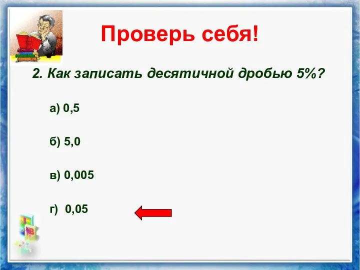 Проверь себя! 2. Как записать десятичной дробью 5%? а) 0,5 б) 5,0 в) 0,005 г) 0,05