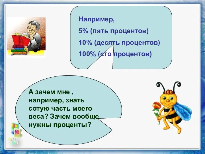 Например, 5% (пять процентов) 10% (десять процентов) 100% (сто процентов) А