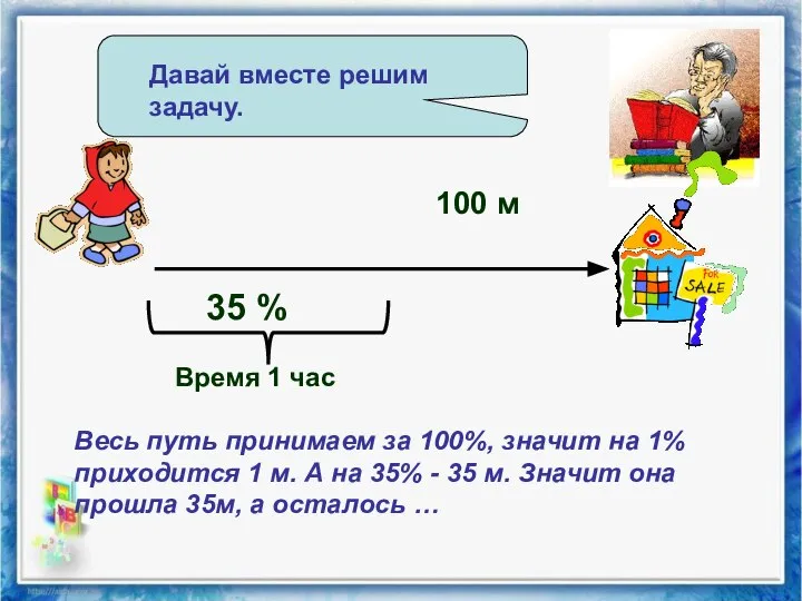 Давай вместе решим задачу. 100 м 35 % Время 1 час