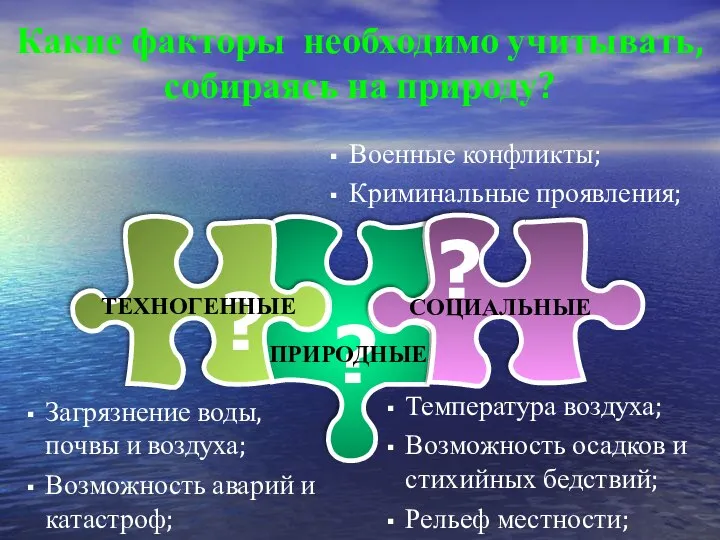 Какие факторы необходимо учитывать, собираясь на природу? ? ? ? Температура