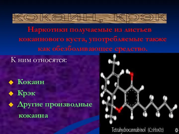 Наркотики получаемые из листьев кокаинового куста, употребляемые также как обезболивающее средство.