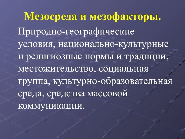 Мезосреда и мезофакторы. Природно-географические условия, национально-культурные и религиозные нормы и традиции,