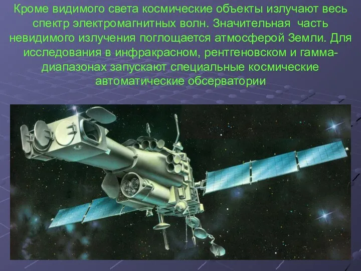 Кроме видимого света космические объекты излучают весь спектр электромагнитных волн. Значительная