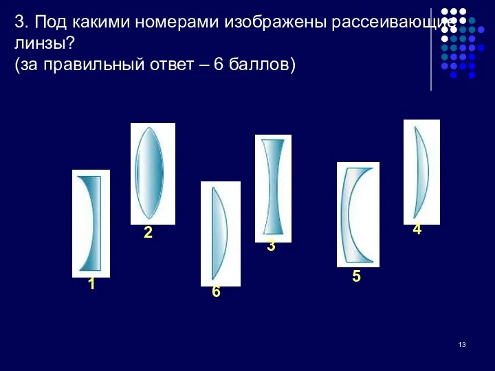 3. Под какими номерами изображены рассеивающие линзы? (за правильный ответ – 6 баллов)