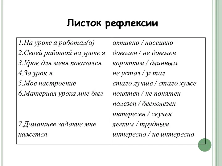 Листок рефлексии