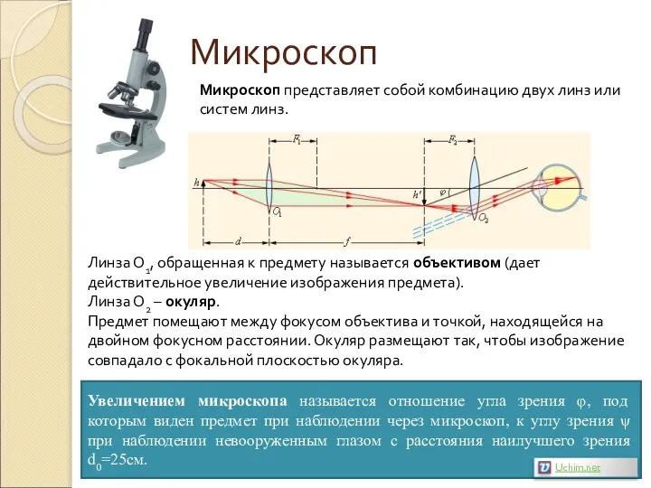 Микроскоп Микроскоп представляет собой комбинацию двух линз или систем линз. Линза