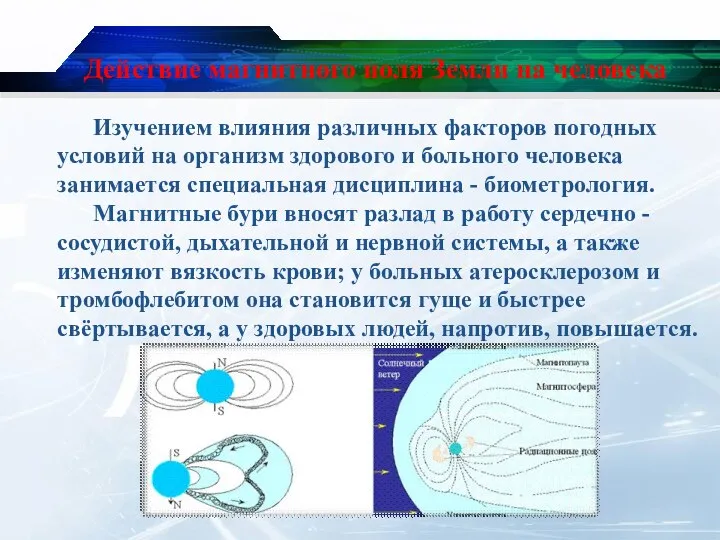 Действие магнитного поля Земли на человека Изучением влияния различных факторов погодных