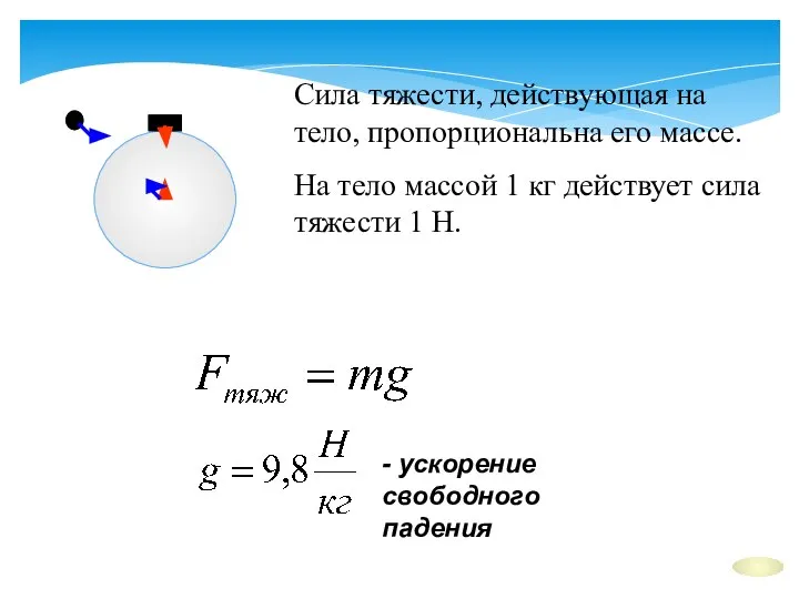 Сила тяжести, действующая на тело, пропорциональна его массе. На тело массой