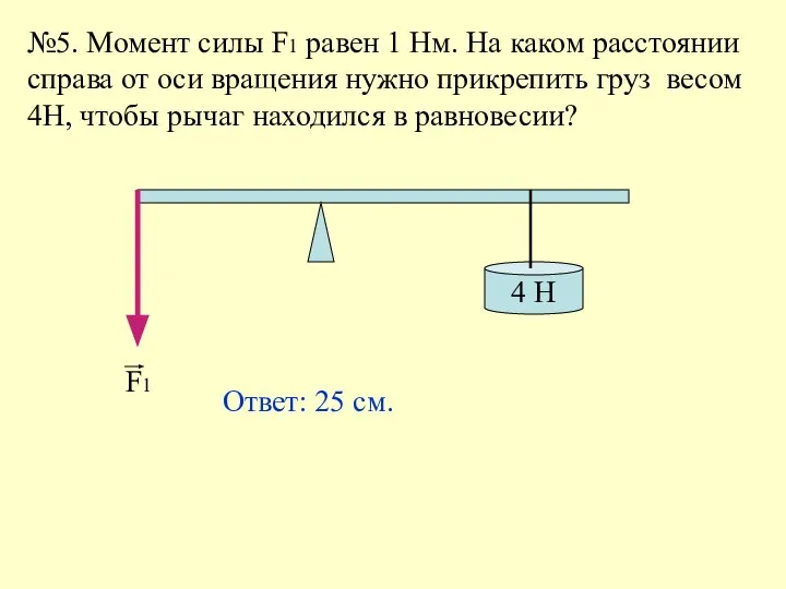 №5. Момент силы F1 равен 1 Нм. На каком расстоянии справа