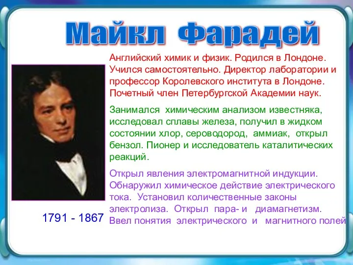 Майкл Фарадей Английский химик и физик. Родился в Лондоне. Учился самостоятельно.