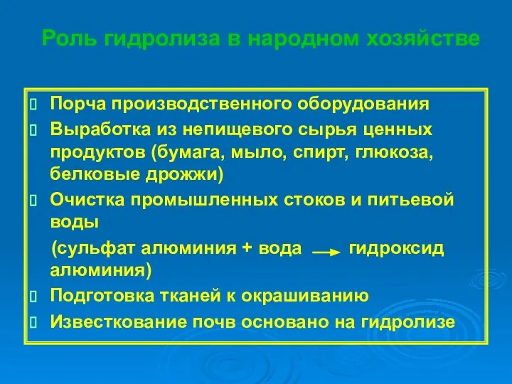 Роль гидролиза в народном хозяйстве Порча производственного оборудования Выработка из непищевого