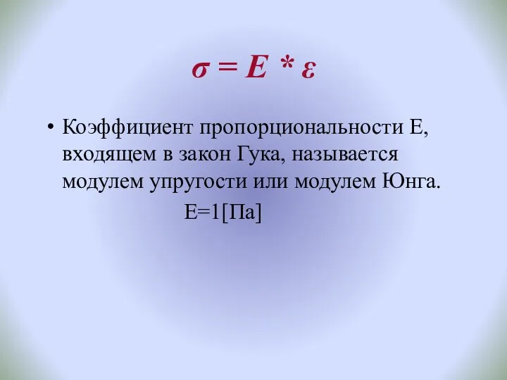 σ = Е * ε Коэффициент пропорциональности Е, входящем в закон