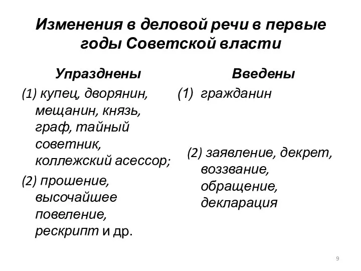 Изменения в деловой речи в первые годы Советской власти Упразднены (1)