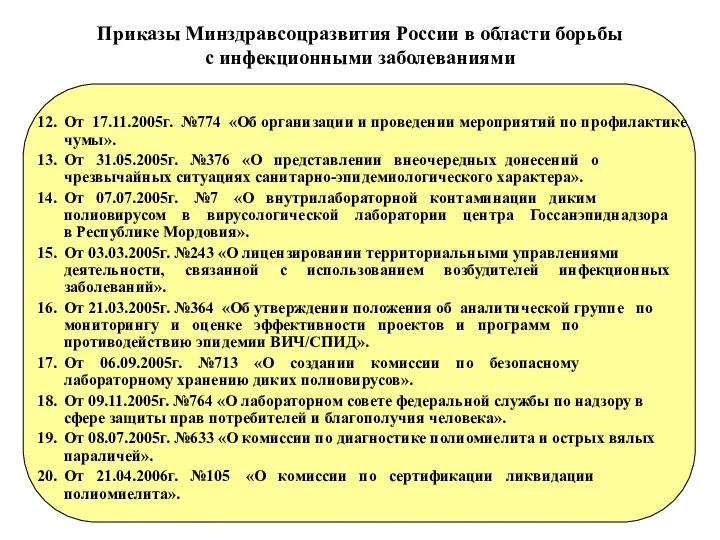 Приказы Минздравсоцразвития России в области борьбы с инфекционными заболеваниями 12. От