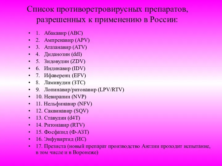 Список противоретровирусных препаратов, разрешенных к применению в России: 1. Абакавир (ABC)