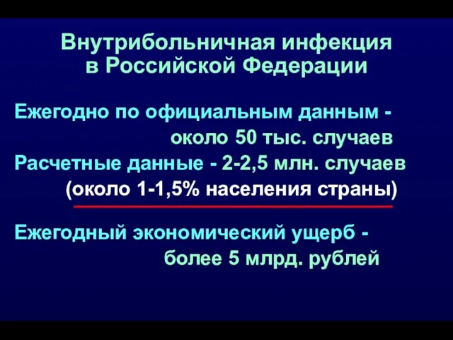 Внутрибольничная инфекция в Российской Федерации Ежегодно по официальным данным - около