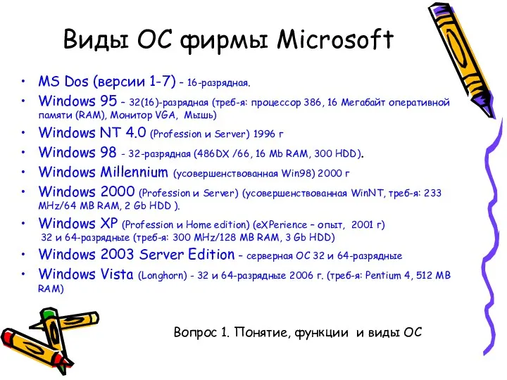 MS Dos (версии 1-7) – 16-разрядная. Windows 95 – 32(16)-разрядная (треб-я: