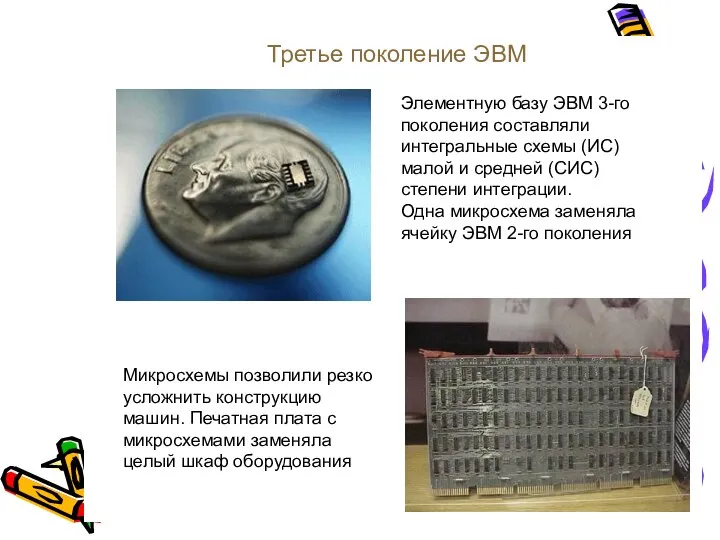 Третье поколение ЭВМ Элементную базу ЭВМ 3-го поколения составляли интегральные схемы