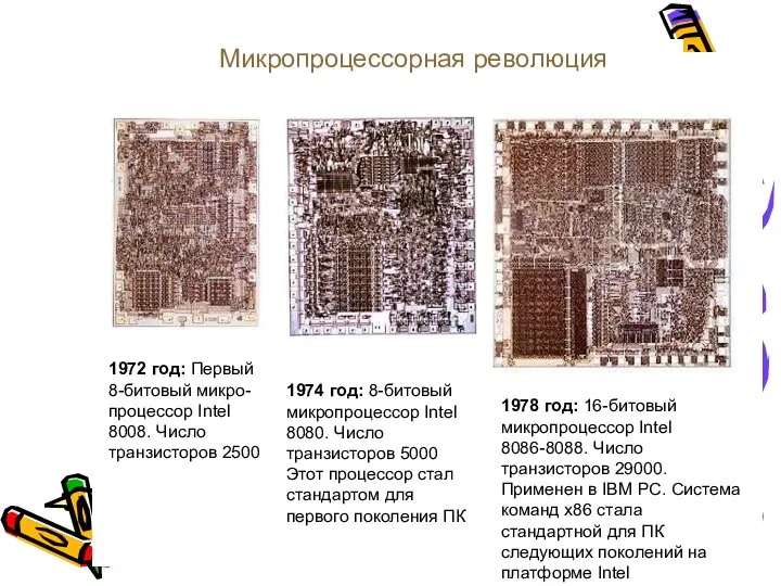 1972 год: Первый 8-битовый микро-процессор Intel 8008. Число транзисторов 2500 Микропроцессорная