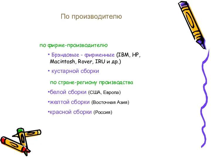 По производителю по фирме-производителю Брэндовые - фирменные (IBM, HP, Macintosh, Rover,