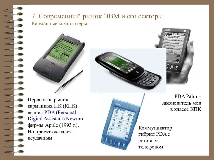 Первым на рынок карманных ПК (КПК) вышел PDA (Personal Digital Assistant)