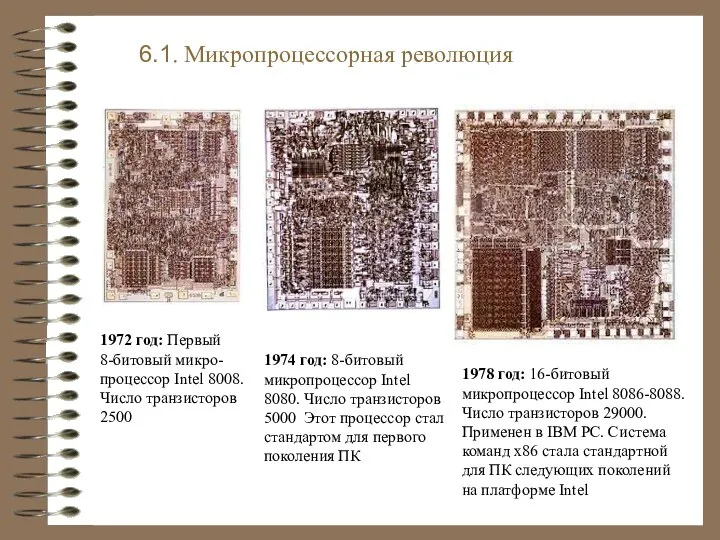 1972 год: Первый 8-битовый микро-процессор Intel 8008. Число транзисторов 2500 6.1.