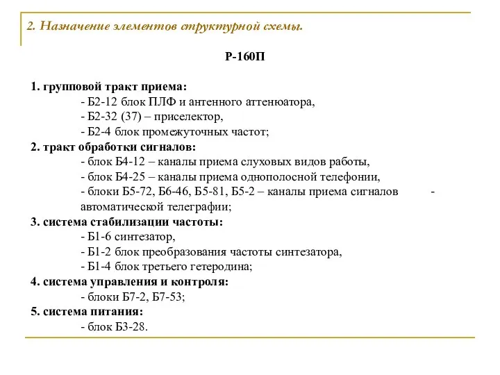 2. Назначение элементов структурной схемы. Р-160П 1. групповой тракт приема: -