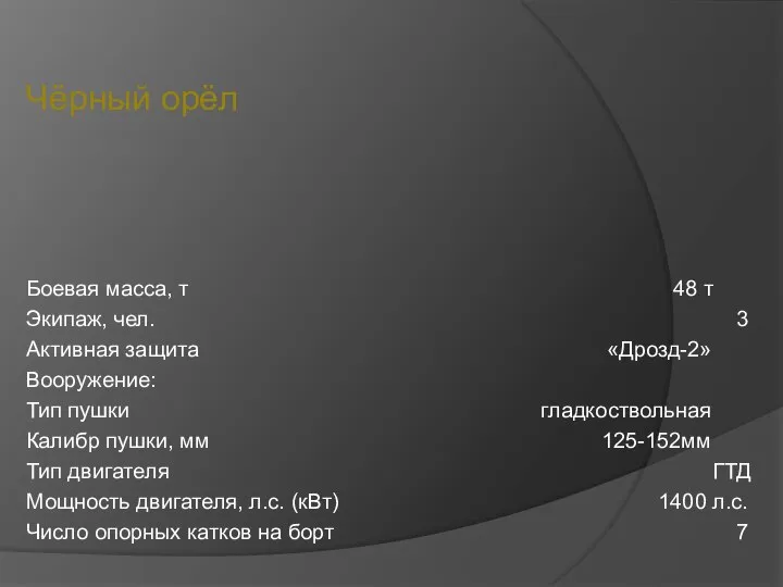 Чёрный орёл Боевая масса, т 48 т Экипаж, чел. 3 Активная