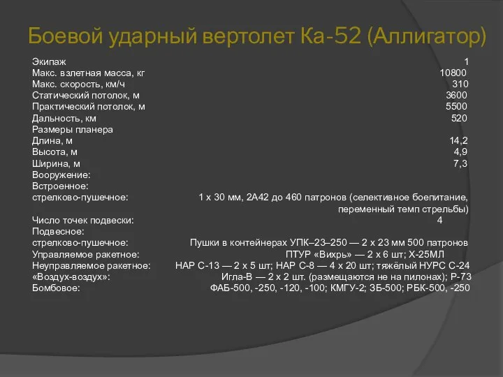 Боевой ударный вертолет Ка-52 (Аллигатор) Экипаж 1 Макс. взлетная масса, кг