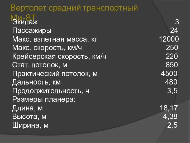 Вертолет средний транспортный Ми-8Т Экипаж 3 Пассажиры 24 Макс. взлетная масса,