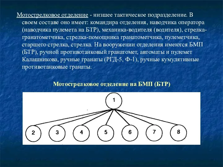 Мотострелковое отделение - низшее тактическое подразделение. В своем составе оно имеет: