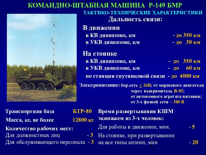 КОМАНДНО-ШТАБНАЯ МАШИНА Р-149 БМР ТАКТИКО-ТЕХНИЧЕСКИЕ ХАРАКТЕРИСТИКИ Транспортная база БТР-80 Масса, кг,