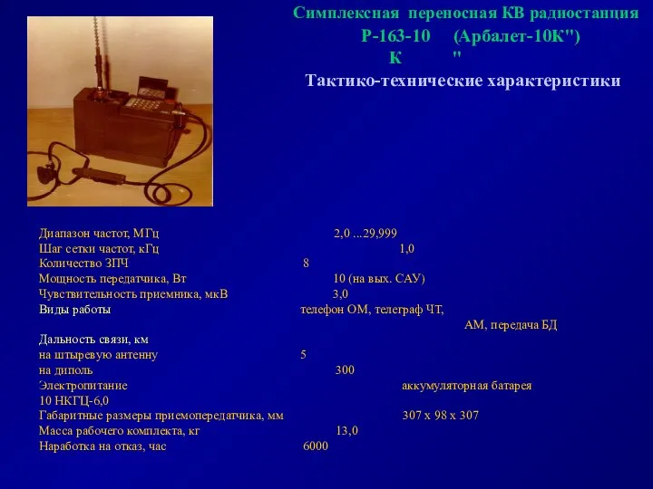 Симплексная переносная КВ радиостанция Тактико-технические характеристики Диапазон частот, МГц 2,0 ...29,999