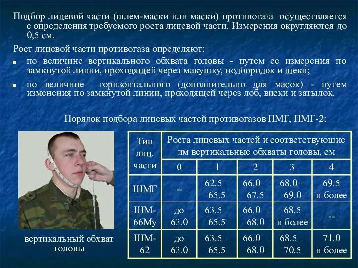 Подбор лицевой части (шлем-маски или маски) противогаза осуществляется с определения требуемого