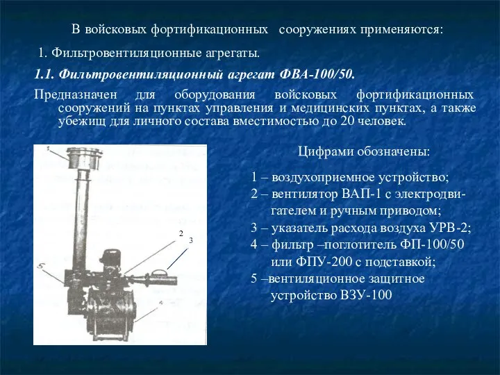 В войсковых фортификационных сооружениях применяются: 1. Фильтровентиляционные агрегаты. 1.1. Фильтровентиляционный агрегат